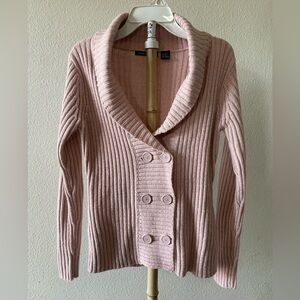 Tomfoolery Pink Ribbed Shawl-Collar Double-Breasted Cardigan